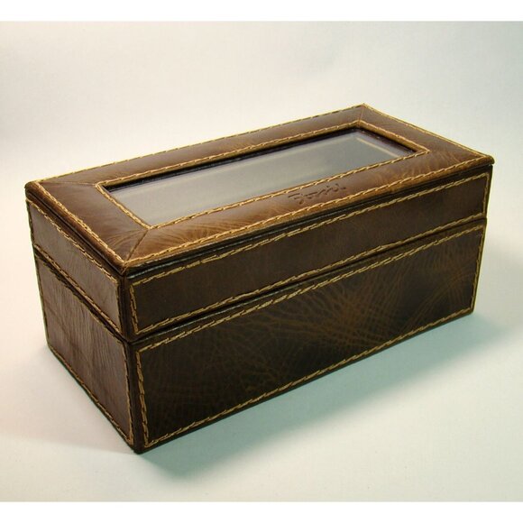 FOSSIL Men’s Brown Leather Valet Box Organizer for Jewelry Watches Keys Belts - Picture 6 of 10